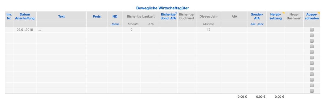 Vorlage Einnahmen-Überschuss-Rechnung 2015 ohne USt für Mac und iPad Abschreibungen WG Liste