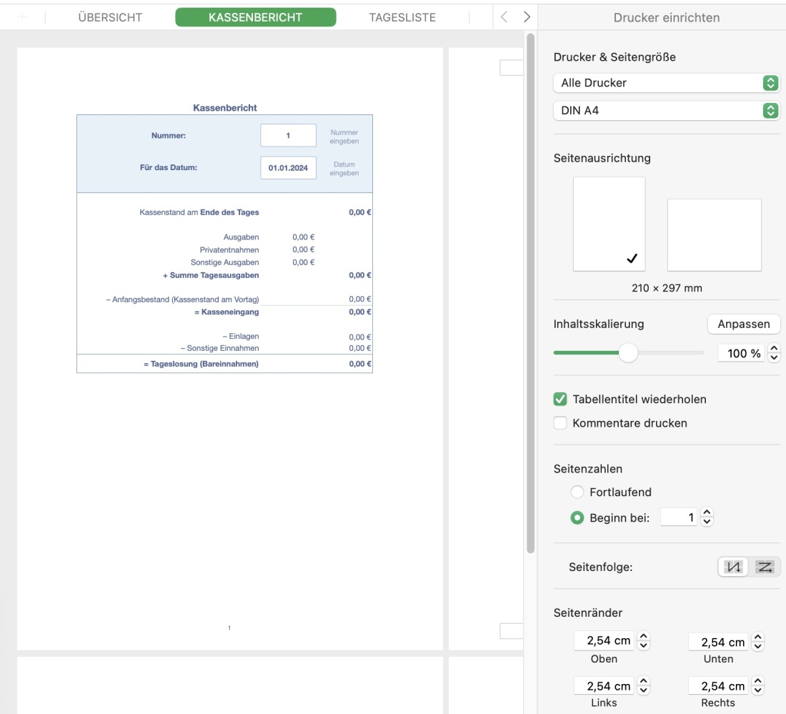 Numbers Vorlage Kassenbuch ohne USt 2024 Kassenbericht ausdrucken