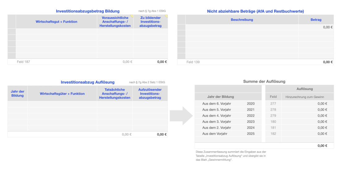 Numbers Vorlage Einnahmen-Überschuss-Rechnung 2026 ohne USt Investitionsabzug