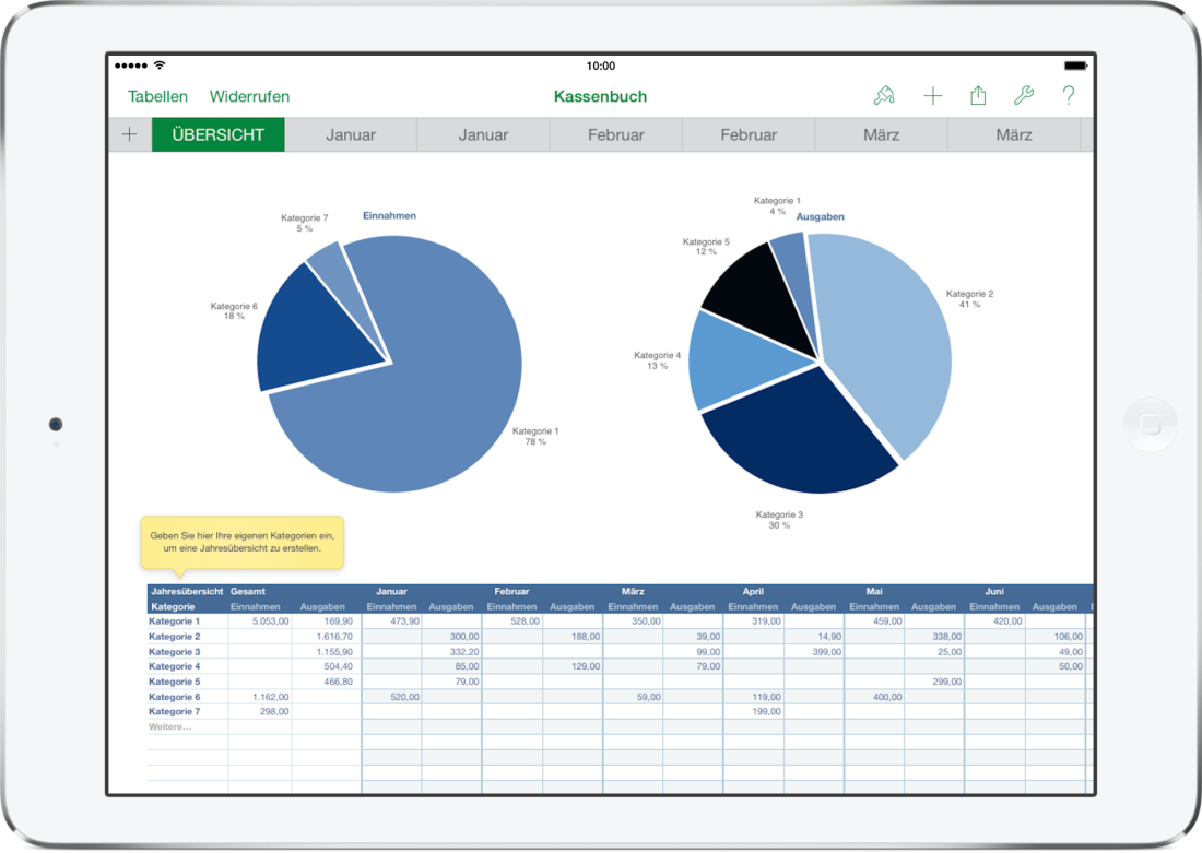 Numbers Vorlage Kassenbuch mit USt Diagramme auf iPad 2016