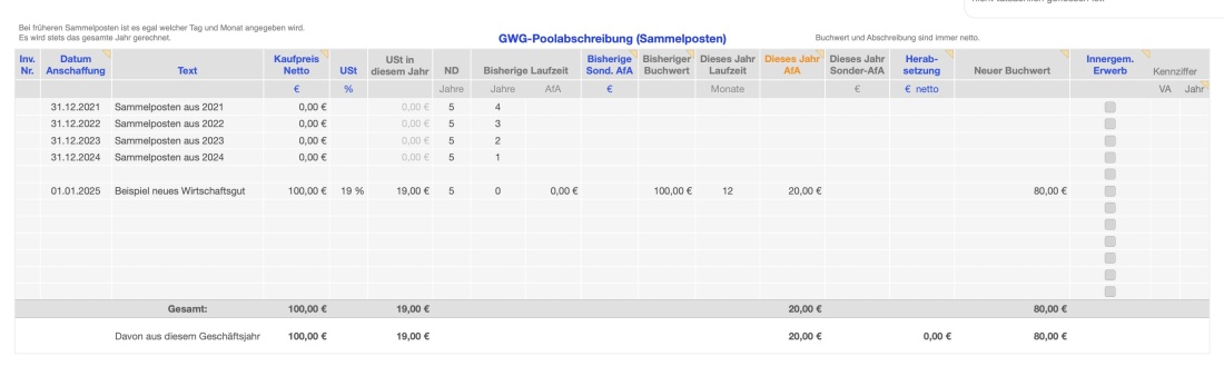 Einnahmen-Überschuss-Rechnung 2025 mit USt AfA Sammelposten