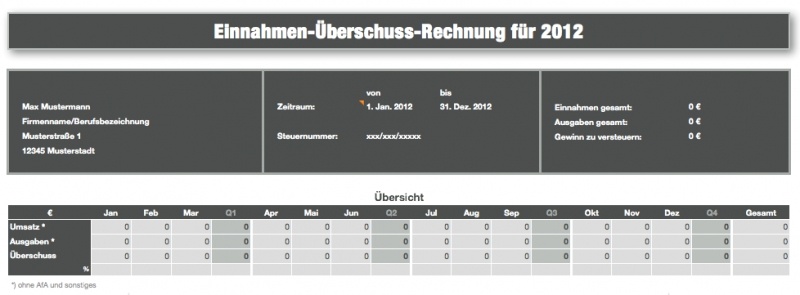 Numbers Vorlage Einnahmen-Überschuss-Rechnung 2012 ohne USt