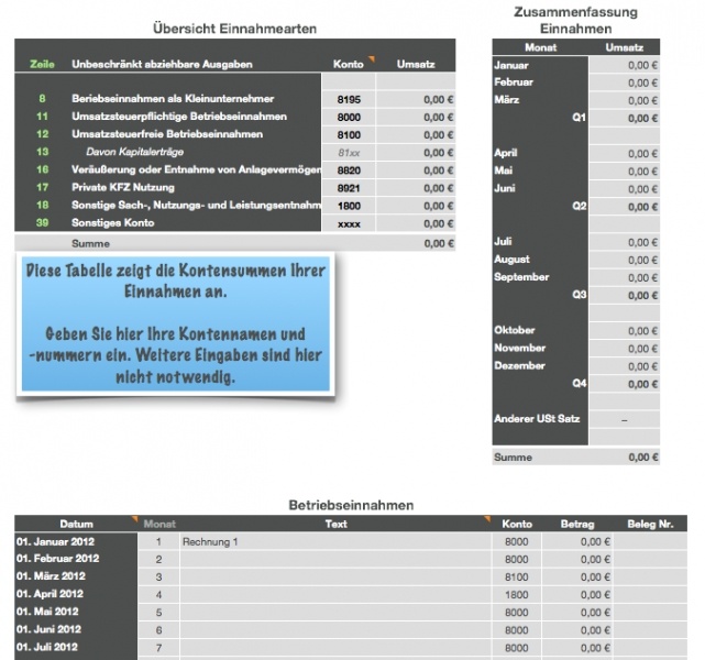 Numbers Vorlage Einnahmen-Überschuss-Rechnung 2012 ohne USt Betriebseinnahmen