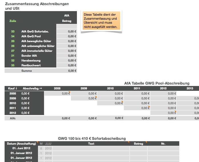 Numbers Vorlage Einnahmen-Überschuss-Rechnung 2012 ohne USt AfA