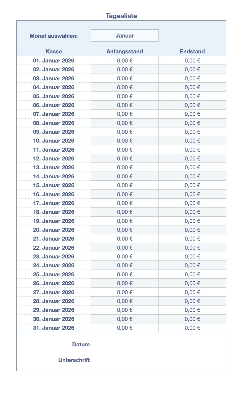 Numbers Vorlage Kassenbuch ohne USt 2026 Tagesliste erstellen