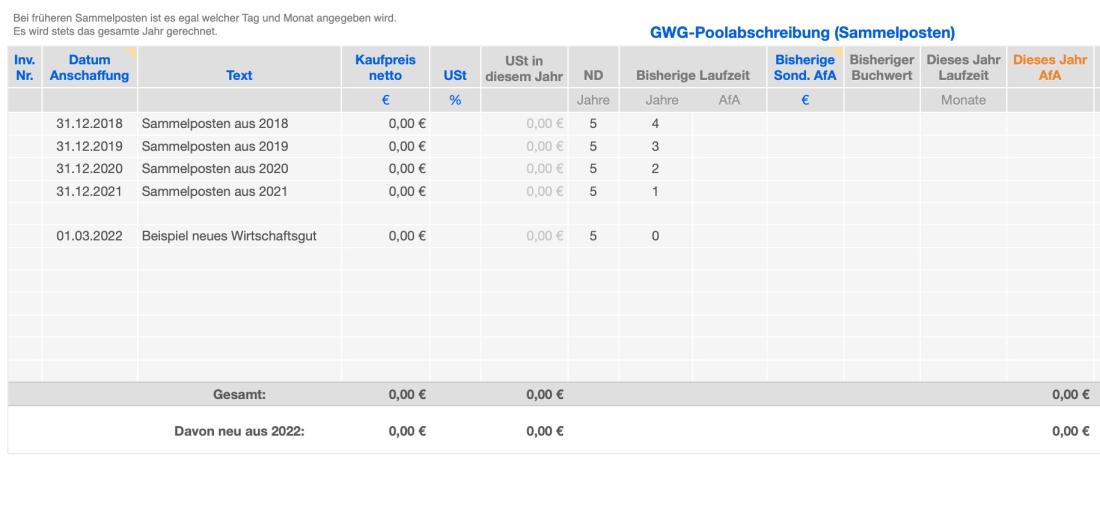 Vorlage Einnahmen-Überschuss-Rechnung 2022 für Mac und iPad GWG Sammelposten