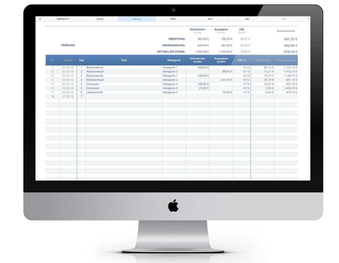Numbers Vorlage Kassenbuch mit USt auf iMac 2016