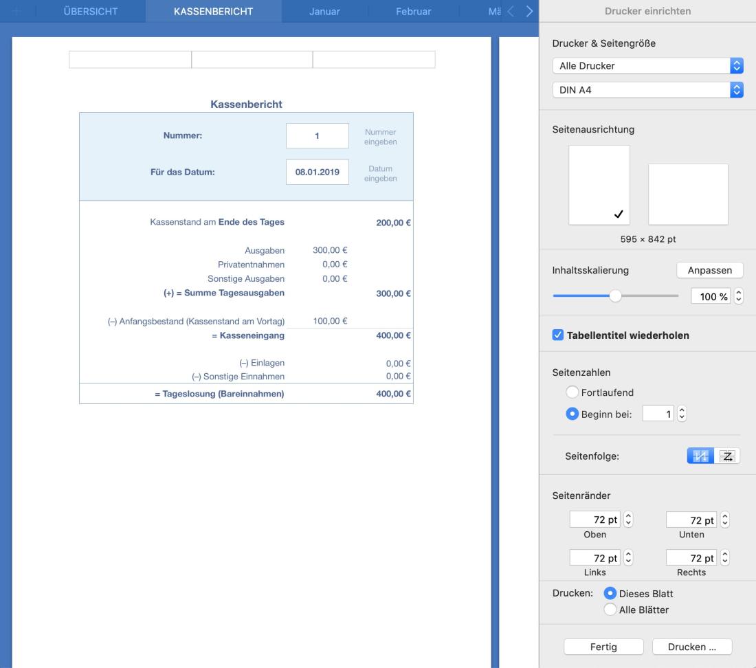 Numbers Vorlage Kassenbuch Kassenbericht drucken 2019