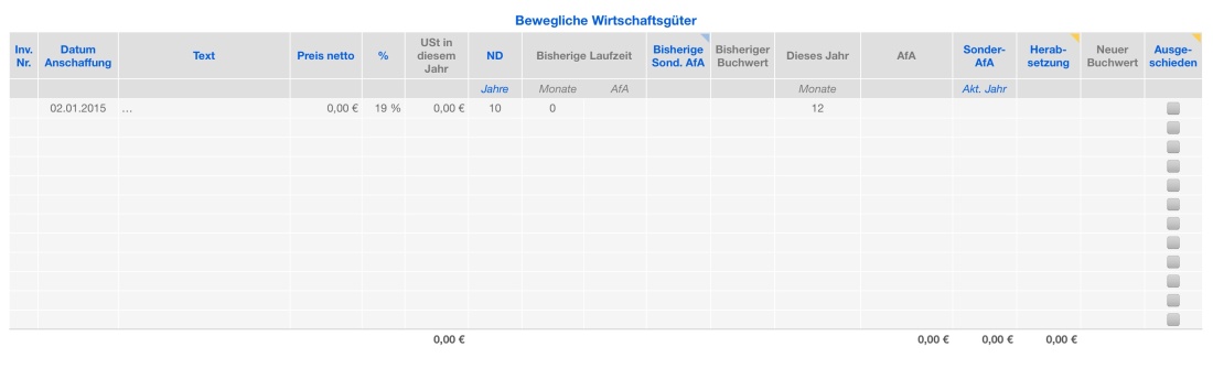 Vorlage Einnahmen-Überschuss-Rechnung 2015 für Mac und iPad Abschreibungen Liste Bewegliche Wirtschaftsgüter