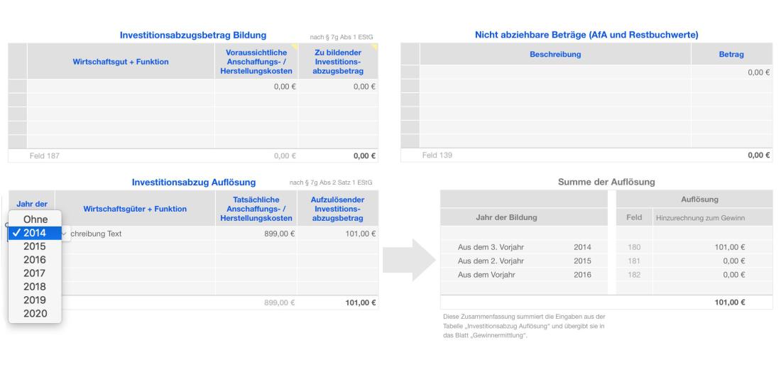 Vorlage Einnahmen-Überschuss-Rechnung 2018 für Mac und iPad Investitionsabzug