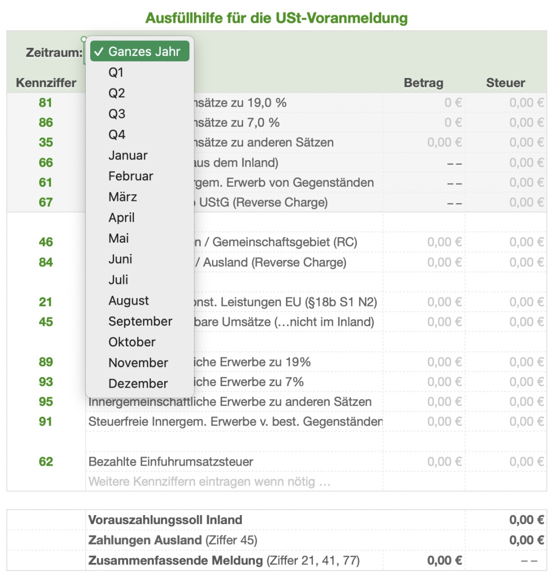 Einnahmen-Überschuss-Rechnung 2026 mit USt Ausfüllhilfe dropdown Optionen