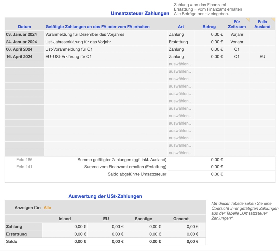 Einnahmen-Überschuss-Rechnung 2024 mit USt Zahlungen