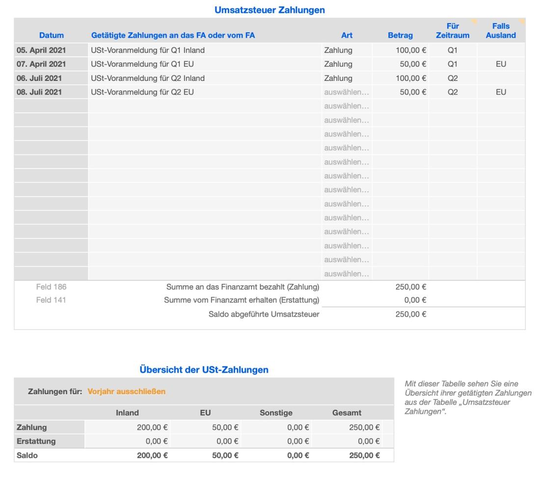 Vorlage Einnahmen-Überschuss-Rechnung 2021 für Mac und iPad USt-Zahlungen