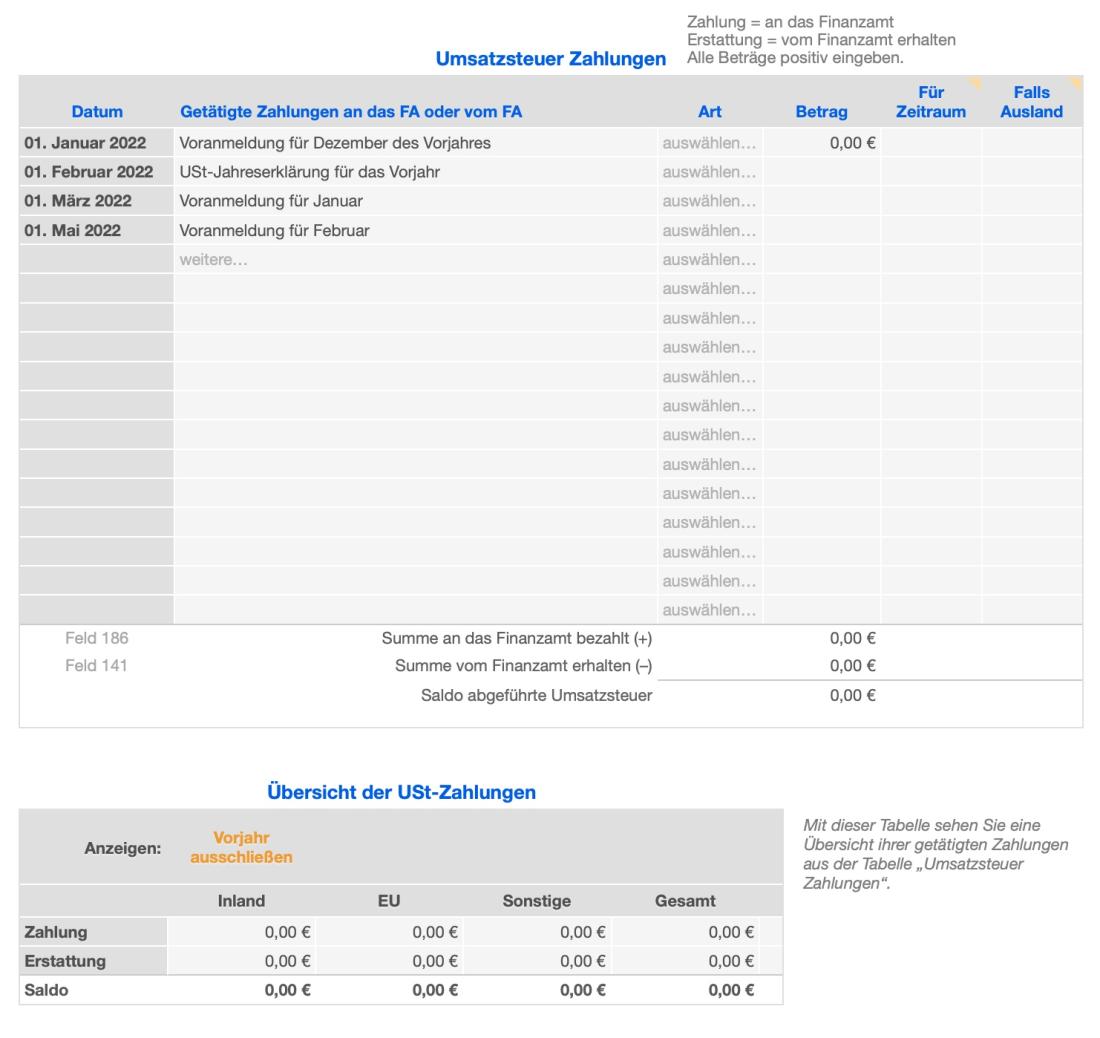 Einnahmen-Überschuss-Rechnung 2022 mit USt Zahlungen