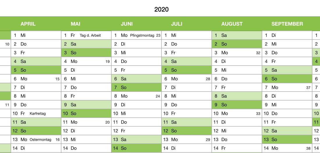 Numbers Vorlage Kalender 2020 Detail