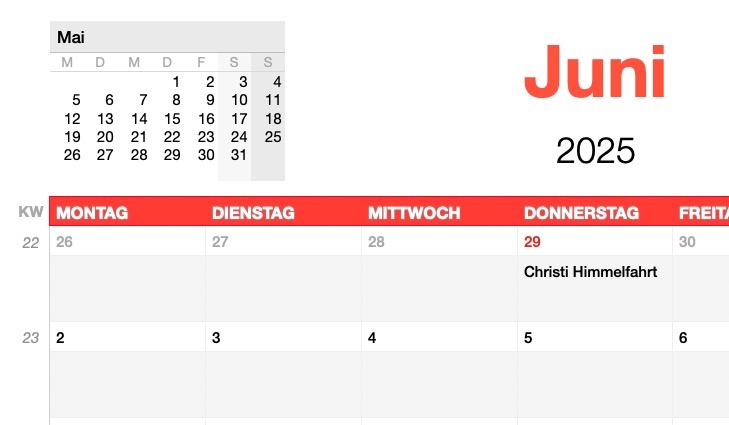 Numbers Vorlage Kalender Monatsansicht 2025 Detail