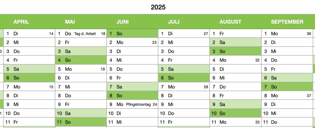 Numbers Vorlage Kalender 2025 Detail