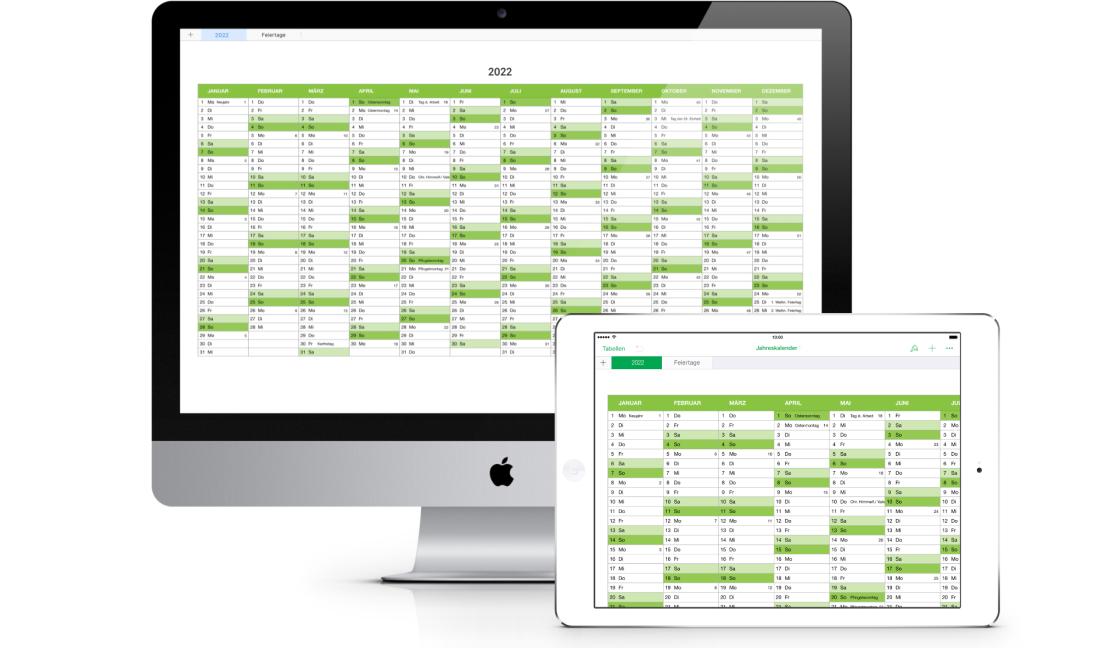 Numbers Vorlage Kalender 2022 für iPad