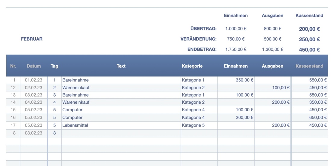 Numbers Vorlage Kassenbuch ohne USt 2023 Eingabe