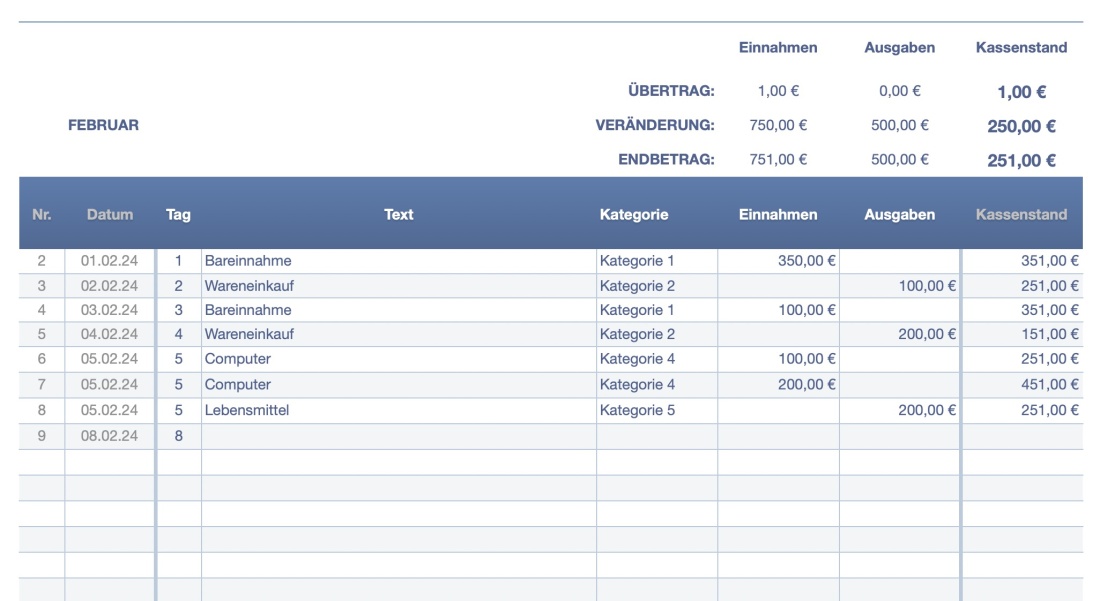 Numbers Vorlage Kassenbuch ohne USt 2024 Eingabe