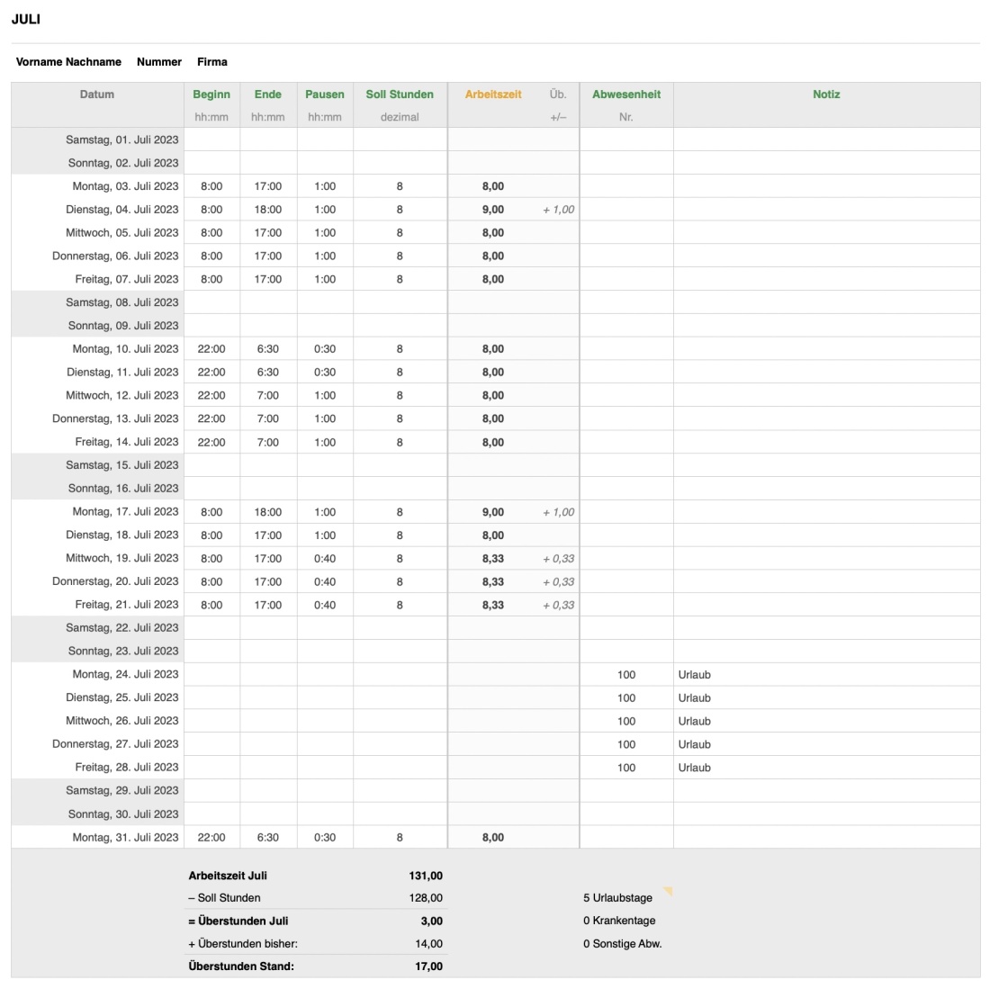 Numbers Vorlage Zeiterfassung Arbeitszeiterfassung Tabelle 2023