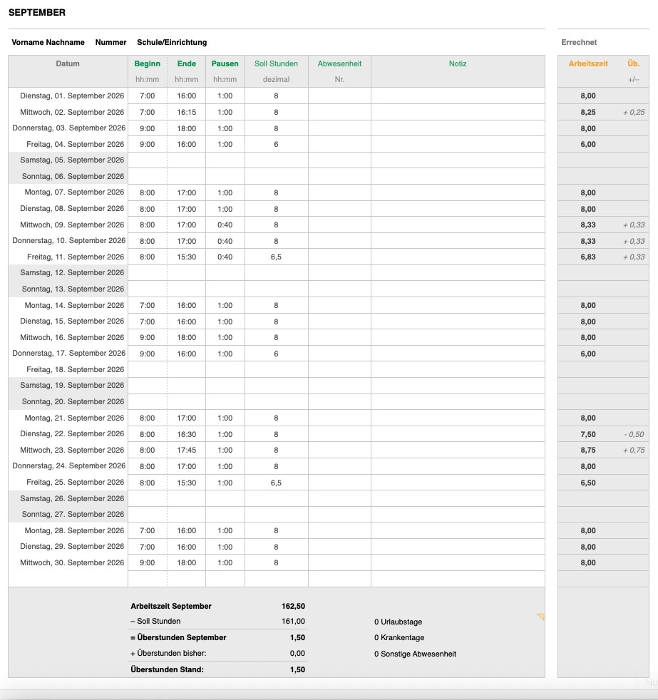 Numbers Vorlage Zeiterfassung Arbeitszeiterfassung Schuljahr Tabelle 2026