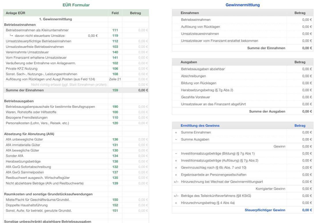 Numbers Vorlage EÜR 2021 Formular Anlage-EÜR