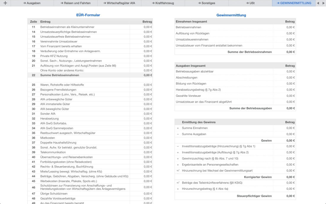 Numbers Vorlage EÜR Formular