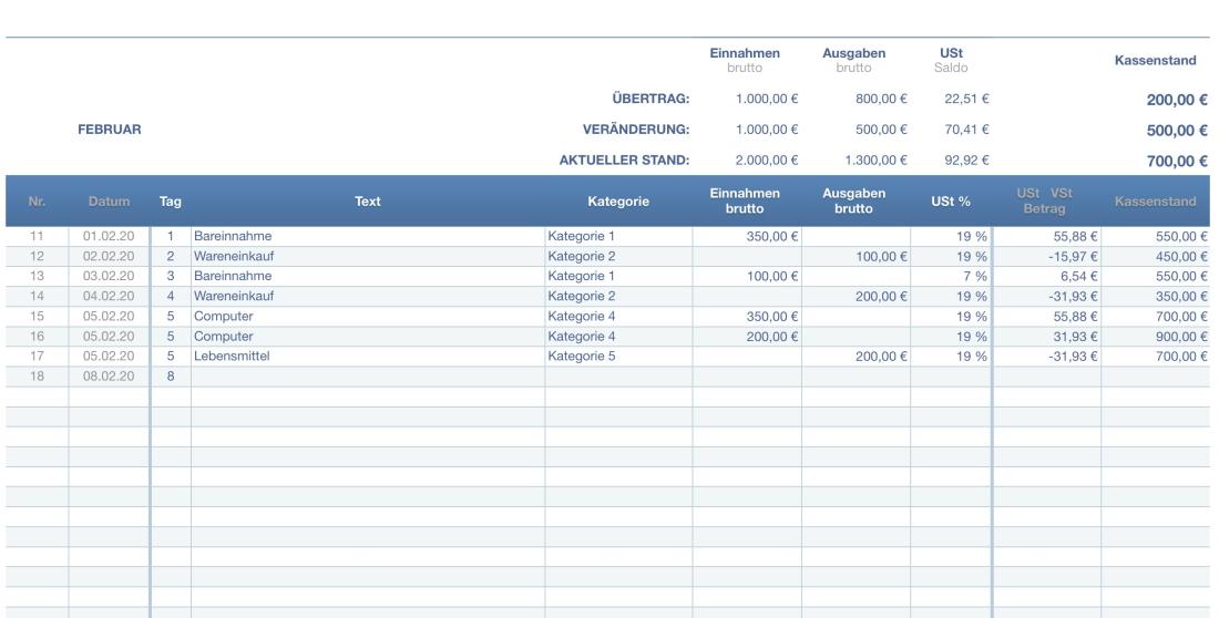 Numbers Vorlage Kassenbuch mit USt Tabelle 2020