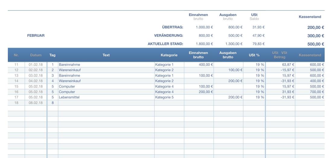 Numbers Vorlage Kassenbuch mit USt Tabelle 2018