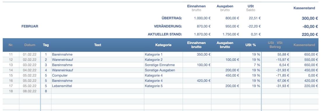 Numbers Vorlage Kassenbuch mit USt Tabelle 2022