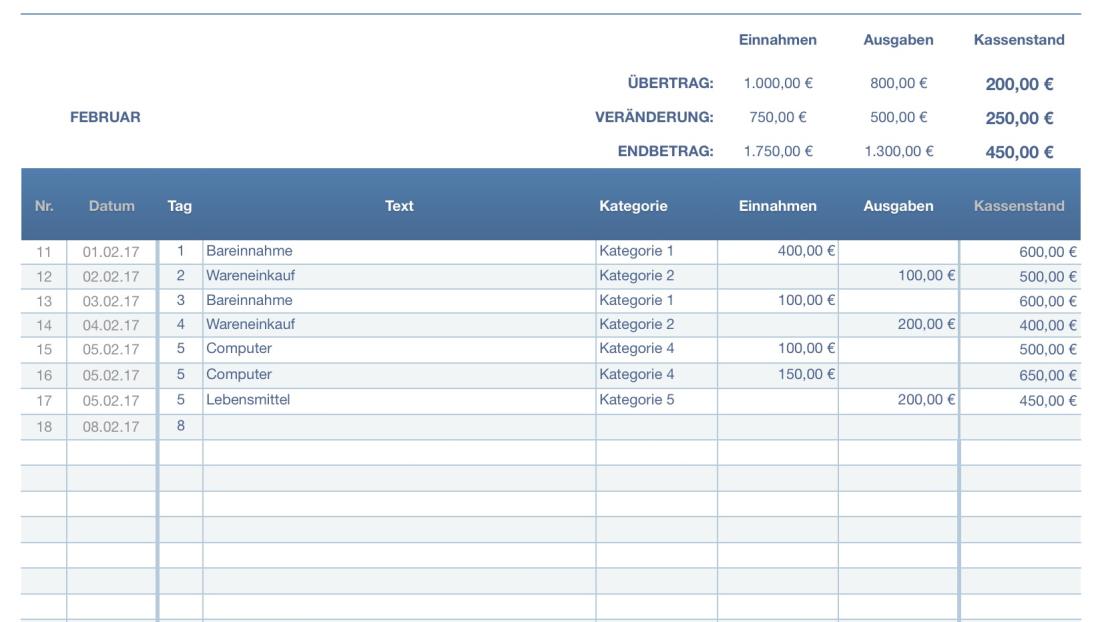 Numbers Vorlage Kassenbuch Mac und iPad Eingabe 2017