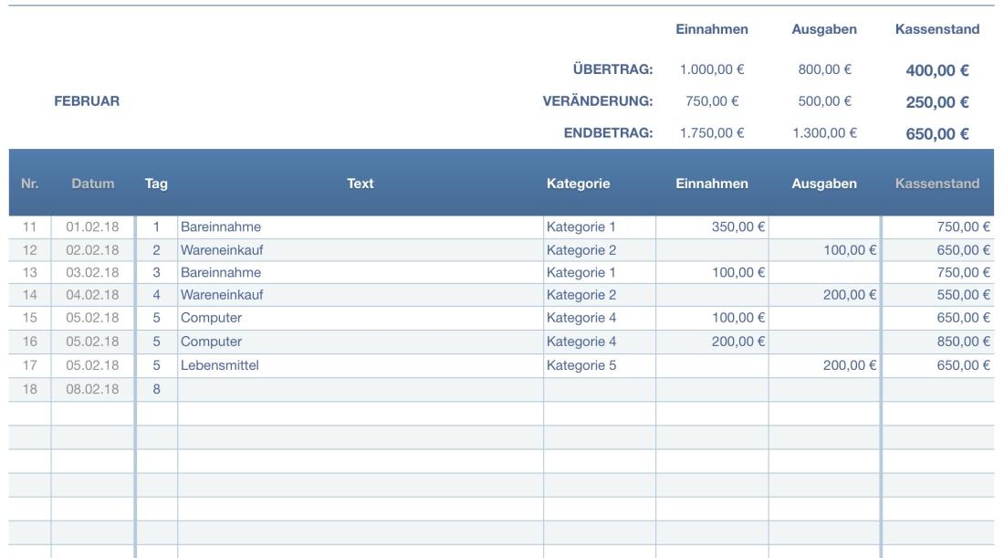 Numbers Vorlage Kassenbuch Mac und iPad Eingabe 2018