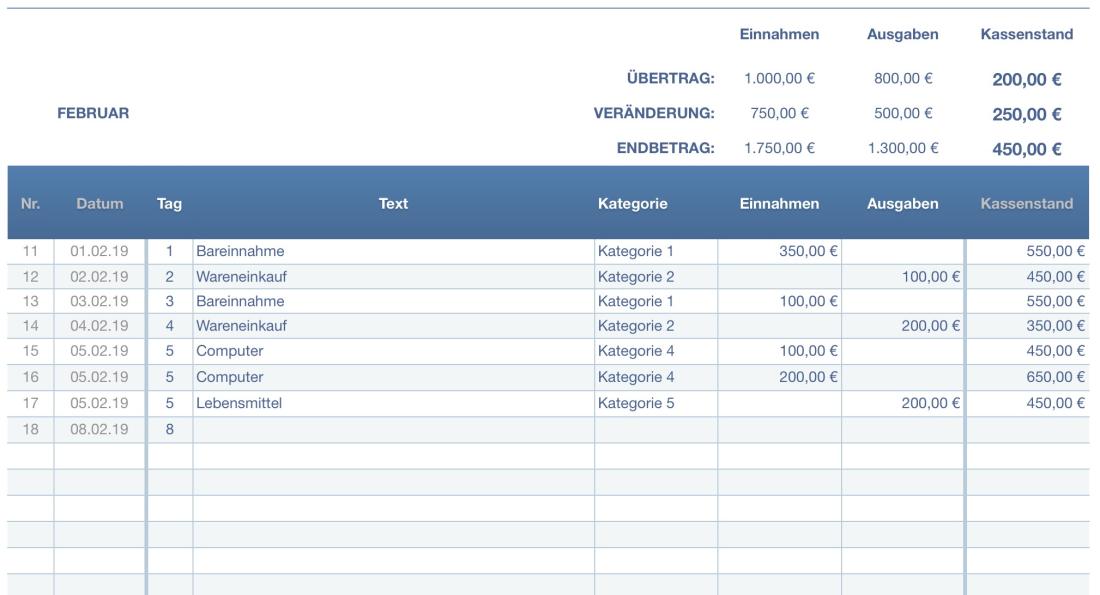 Numbers Vorlage Kassenbuch Mac und iPad Eingabe 2019
