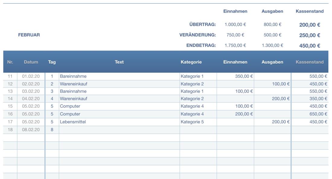 Numbers Vorlage Kassenbuch Eingabe