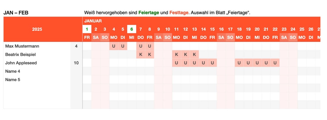 Numbers Vorlage Urlaubsplaner 2025 eintragen