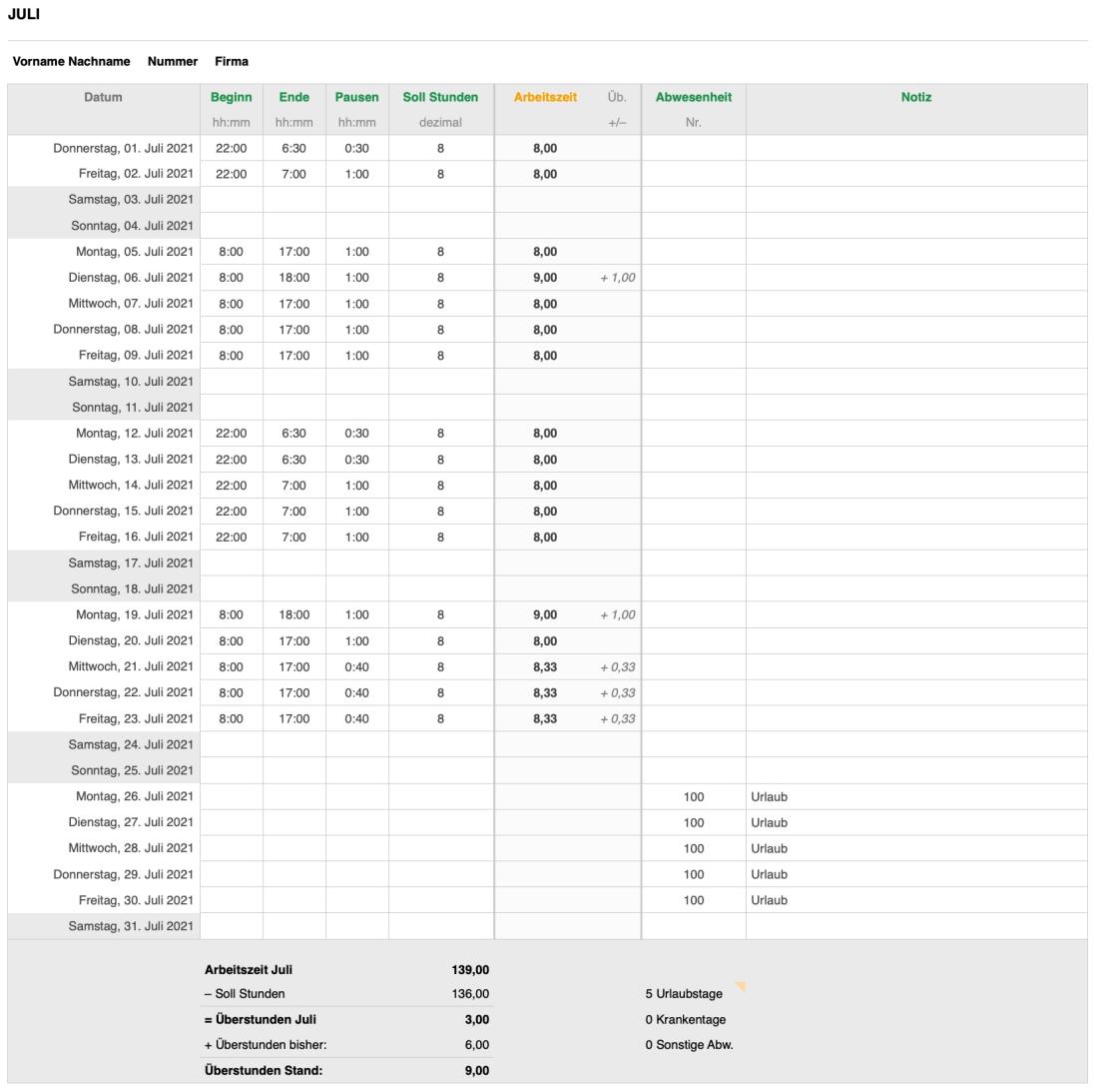 Numbers Vorlage Zeiterfassung Arbeitszeiterfassung Tabelle 2021