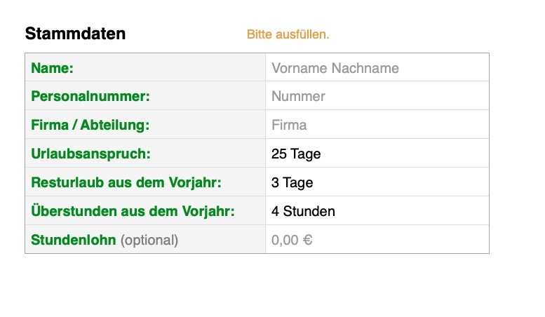 Numbers Vorlage Zeiterfassung Arbeitszeiterfassung Plus 2026 Stammdaten
