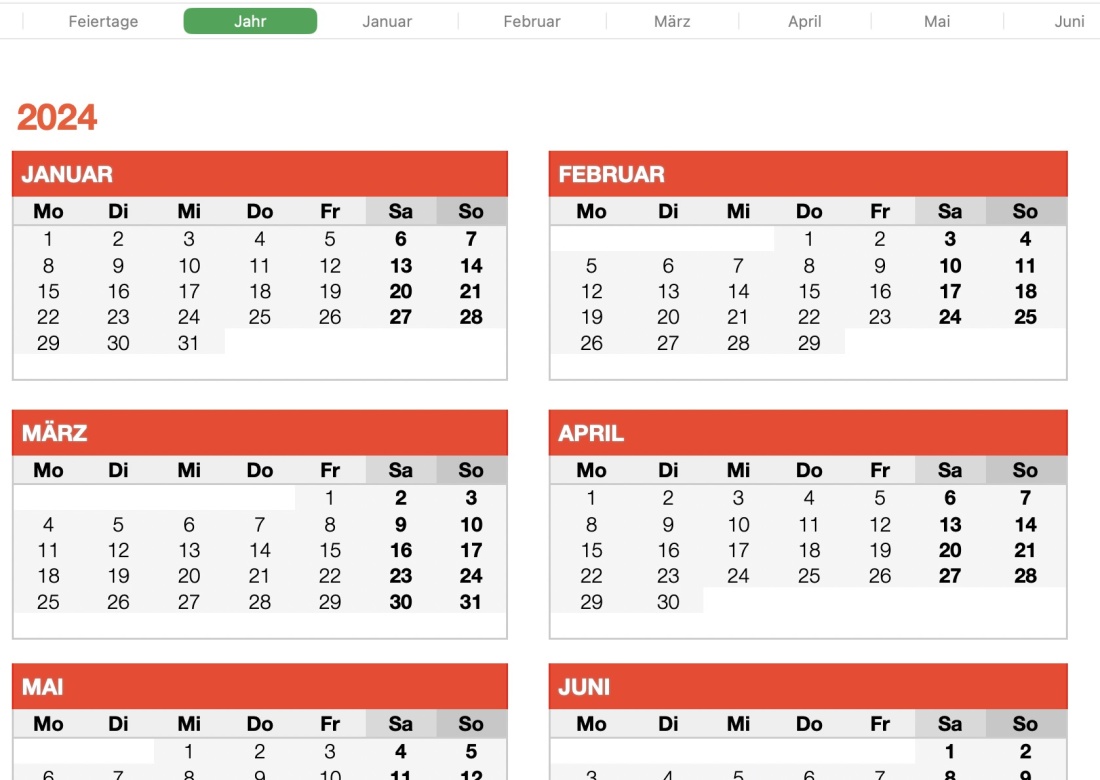 Numbers Vorlage Kalender Monatsansicht 2024 Jahresübersicht