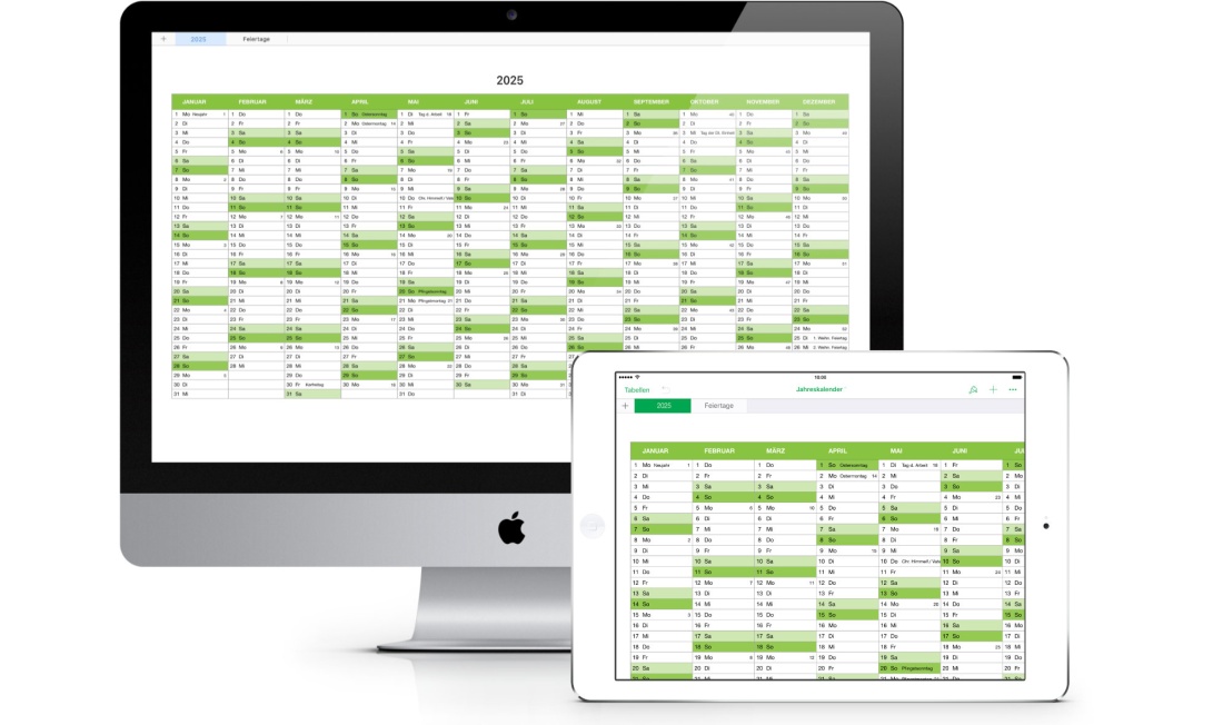 Numbers Vorlage Kalender 2025 für Mac und iPad