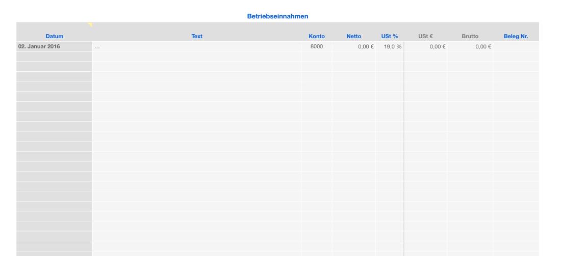 Vorlage Einnahmen-Überschuss-Rechnung 2016 für Mac und iPad Einnahmen Liste