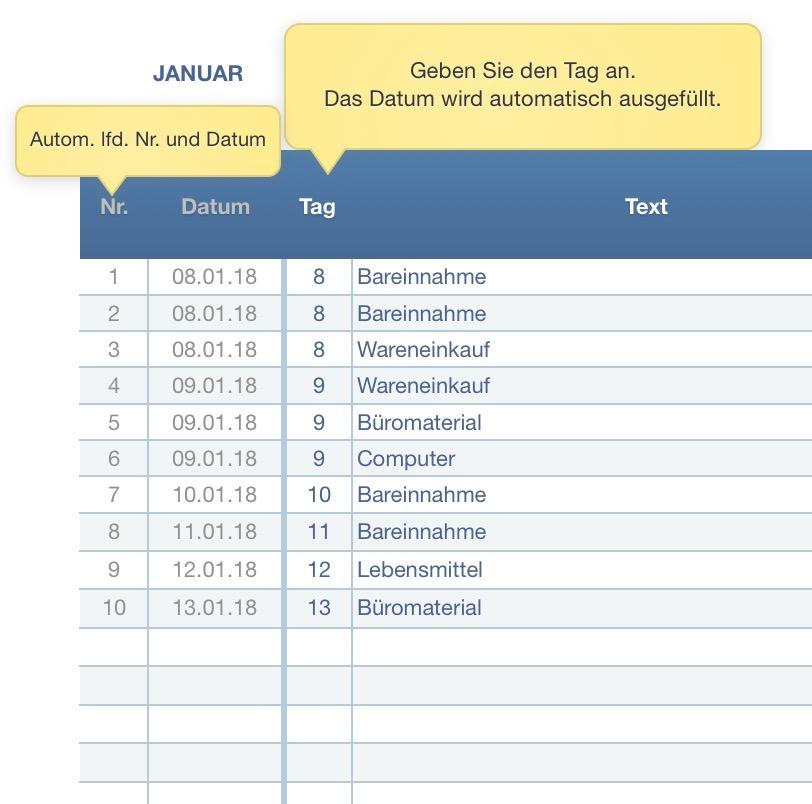 Numbers Vorlage Kassenbuch Datumseingabe 2018