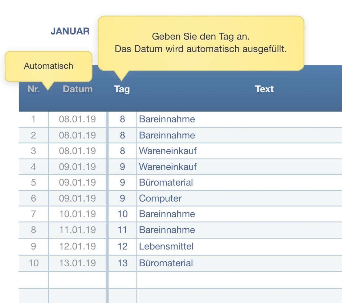 Numbers Vorlage Kassenbuch Datumseingabe 2019