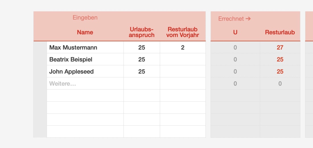 Numbers Vorlage Urlaubsplaner 2026 Übersicht Resturlaub