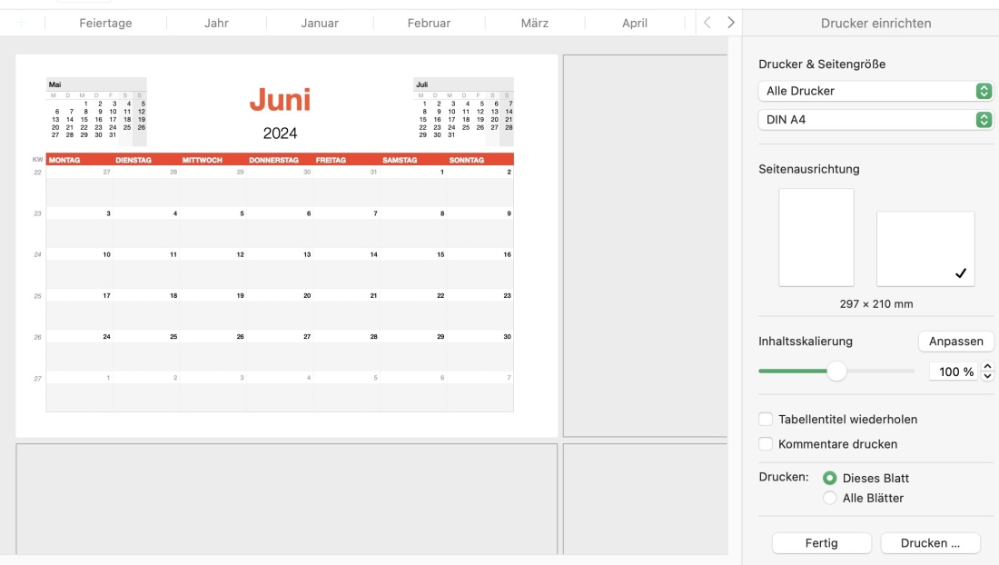 Numbers Vorlage Kalender Monatsansicht 2024 Druckansicht
