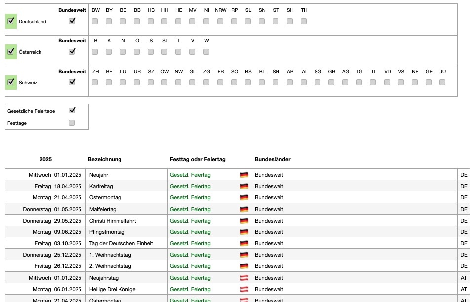 Numbers Vorlage Kalender 2025 Feiertage Auswahl