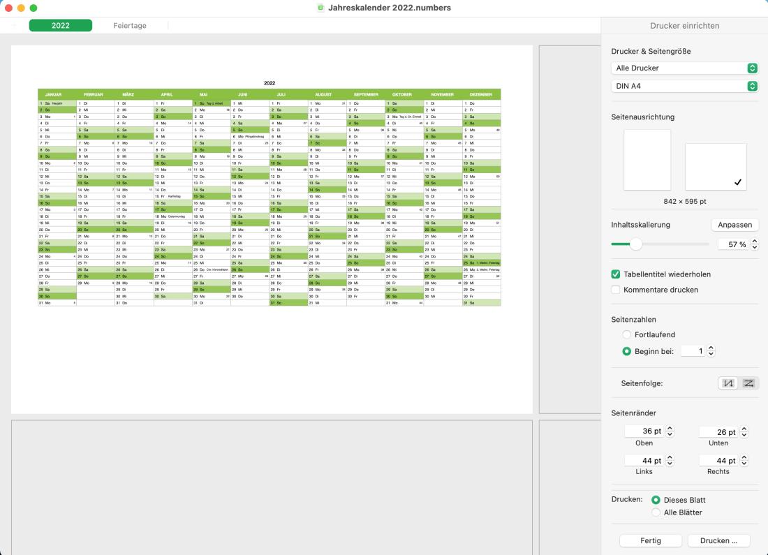 Numbers Vorlage Kalender 2022 Druckansicht