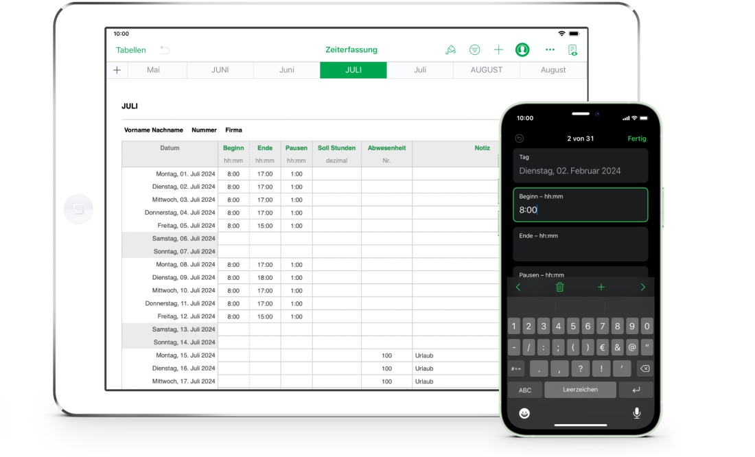 Numbers Vorlage Zeiterfassung Arbeitszeiterfassung für iPad 2024