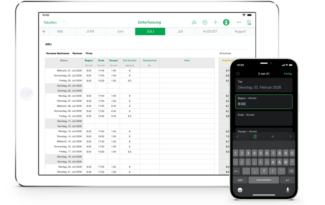 Numbers Vorlage Zeiterfassung Arbeitszeiterfassung für iPad 2026