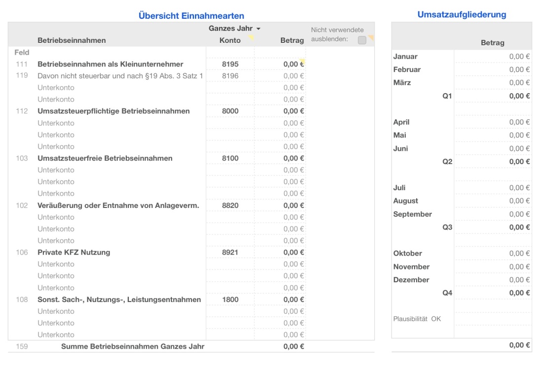 Numbers Vorlage Einnahmen-Überschuss-Rechnung 2025 ohne USt Einnahmen Übersicht